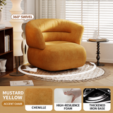 Mustard chenille swivel barrel chair on a fringed rug, with fabric, foam and base insets