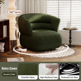 Dark green chenille barrel chair in a bright room with 360° swivel arrows and fabric, foam and iron base close-ups