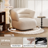 Off-white chenille swivel barrel chair in a bright living room, with fabric, foam and iron base detail insets