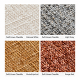 Four swivel barrel chair fabric swatches in oatmeal white, light gray, muted apricot and rouge red linen chenille