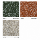 Bouclé fabric swatches in velvet green, frost orange, and almond gray with text labels
