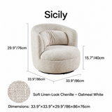 Oatmeal white swivel barrel chair dimension diagram with overall height, seat height and width labels plus a chenille swatch