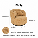 Apricot yellow swivel barrel chair dimension diagram with 33.9"/86cm size labels and fabric swatch