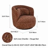 Rouge red linen chenille swivel barrel chair dimension diagram with overall size, seat height, and circular fabric swatch
