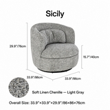 Light gray textured swivel barrel chair dimension diagram with height, width and depth labels and a circular fabric swatch