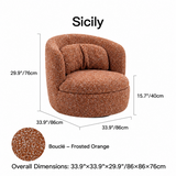Frosted orange bouclé swivel barrel chair dimension diagram with 33.9"×33.9"×29.9"/86×86×76cm labels and fabric swatch