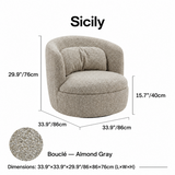 Almond-gray bouclé swivel barrel chair size diagram with fabric swatch