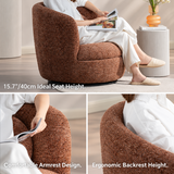Rust-brown swivel barrel chair with seated reader, armrest and backrest close-ups