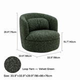 Velvet green swivel barrel chair dimension diagram with four dual-unit measurements and a loop yarn fabric swatch