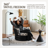 Black swivel barrel chair with toile cushions under a 360° rotation graphic in a living room