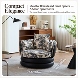 Dimension image of a black swivel chair in a styled room, 34.6"/88cm wide and 33.9"/86cm deep