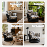 Four-panel collage: toile-cushion swivel barrel chair in vanity, patio, living room, lounge