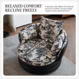 Black swivel barrel chair with toile cushions on a rug, seat depth marked 29.5"/75cm