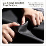 Close-up of hands pressing and stretching black pebbled faux leather upholstery