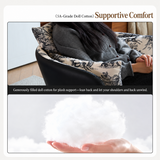 Split graphic: woman in black swivel barrel chair with woodland cushions; hand holding filling