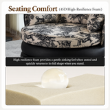 Close-up of toile-pattern seat cushion on a black leather swivel barrel chair, with foam close-up below