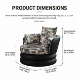 Dimensioned diagram of a swivel barrel chair with black leather sides and toile cushions