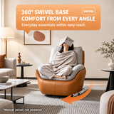 Tan swivel barrel chair, woman under blanket reading paper, orange 360° swivel graphic on rug