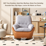 Tan and gray swivel barrel chair with a 360° swivel graphic on a patterned rug in a room with a cream sideboard and shelves