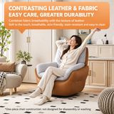 Woman stretching in a tan swivel barrel chair with gray cushions, cream room, orange text panel