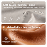 Close-up of gray water-repellent technical fabric with droplets above a tan faux leather texture panel.