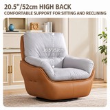 Tan swivel barrel chair with pale gray cushions in a cream room, dashed line marking a 20.5"/52cm high back