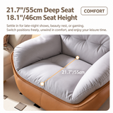 Seat diagram on a tan swivel barrel chair: pale gray tufted cushion marked 21.7"/55cm deep and 18.1"/46cm seat height