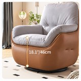 Size diagram of tan swivel barrel chair, 18.1"/46cm seat height marked, gray cushions, living room