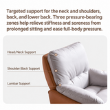 Close-up of tan faux leather chair shell and pale gray cushion with labeled support points