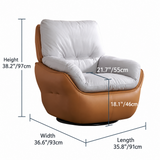 Size diagram of a tan swivel barrel chair with pale gray cushions, 38.2"/97cm high
