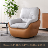 Orange swivel barrel chair with pale gray cushions beside a potted plant, dual-unit size label below