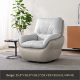 Beige swivel barrel chair with light gray cushions by a black side table, dual-unit size caption below