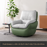Fruit green swivel barrel chair with pale gray cushions on a gray rug in a bright room, size label below