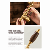 Vintage brass kitchen faucet with a wood-grain handle, shown being held, showcasing its elegant design.