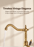 Vintage copper kitchen faucet with wood-grain handle and curved spout, set against a neutral background, with water flowing.