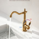 Vintage copper kitchen faucet with wood-grain handle, curved spout, water flowing into a white sink.