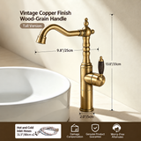 Tall vintage copper kitchen faucet with wood-grain handle, positioned beside a white basin, featuring measurements displayed.