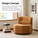 Tan pumpkin-shaped barrel chair in a warm interior with English design text
