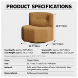 Square tan barrel swivel chair dimension diagram with dual-unit labels and English specifications