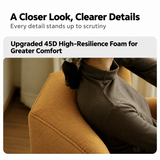 Close-up of a tan upholstered barrel chair beside a seated person