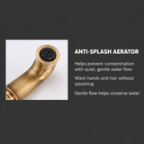 Close-up of a brushed brass kitchen faucet spout tip with a black mesh aerator, shown on a white background.