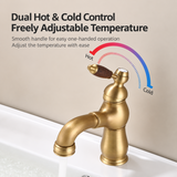 Brushed brass kitchen faucet on white basin with wood-grain lever handle and hot-cold diagram.