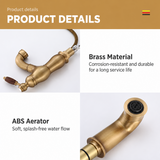 Brushed brass kitchen faucet body shown on white, with close-up of curved spout aerator detail