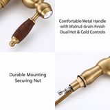 Antique brushed brass kitchen faucet detail views: walnut-grain handle and mounting nut