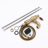 Antique brass kitchen faucet laid out on white with pull-out hose, braided supply lines, and mounting parts