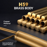 Array of polished H59 brass tubes with a close-up of a connecting piece showcasing the brass finish on a dark background.