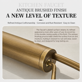 Close-up of an antique brushed brass kitchen faucet highlighting its smooth finish and connection details.
