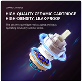 Ceramic cartridge featuring rings and a chrome finish, designed for leak-proof operation, set against a dark background.