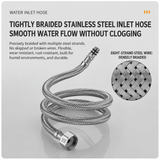 Braided stainless steel inlet hose with smooth curves and a hexagonal connector, designed for efficient water flow.