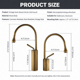 Antique brushed brass high-arc kitchen faucet with dual lever handles beside a white vessel sink.